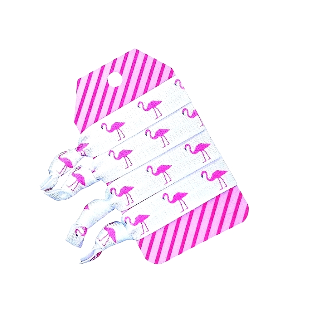 Pink Flamingo 4-Pack Hair Ties Handmade No Crease FOE Tropical Ponytail Holders